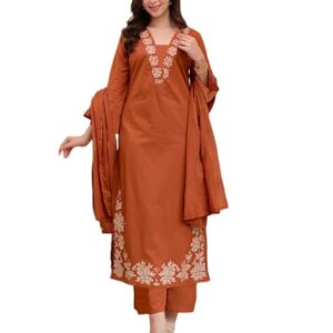 ANNI Designer Pure Cotton Embroidered Kurta Set for Women | Rust Orange Kurta with Pants & Dupatta | Floral Neck & Hem Embroidery | Cotton Kurta Set for Women | 10 Colour Options Available