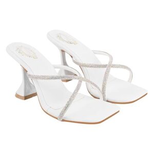 Shoetopia Women’s Rhinestone Strappy Heeled Sandals – Square Toe Mule Slides, Sparkly Crystal Thin-Strap Dress Heels with Flared Block Heel – Bridal/Party & Casual Footwear